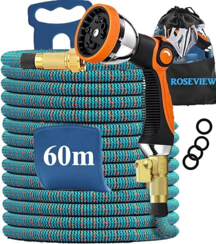 tubo acqua giardino estensibile per irrigazione 50 metri flessibili 20 metri doccia 3/4 tubi acqua tubo estensibile tubo estensibile da giardino canna acqua giardino tubo da giardino (Arancio Blu 60m)