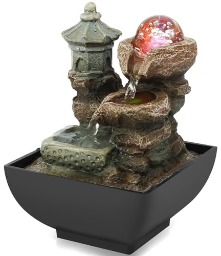 Indoor Water Fountain Tabletop Waterfall Decor with Illuminated Crystal Ball Indoor Water Features Reservoir for Relaxation Meditation with Quiet Submersible Pumps for Home Bedroom Office,18x13x13cm