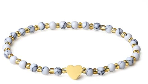 MetJakt Handgemachter Naturstein Perlenarmband 4MM Mini Stretch Armband Energiearmbänder 18k vergoldet Herz Armbänder für Damen Damenschmuck Echtes (Howlith)