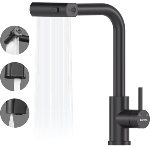 DAYONE Wasserfall Wasserhahn Küche Ausziehbar, Mattschwarz Hochdruck Spültischarmatur Küche mit Brause, 360° Drehbar Mischbatterie Küche mit 3 Strahlarten, SUS304 Edelstahl Küchenarmatur