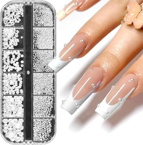 SURALIN 1 Box/12 Tabletts Nail Charms Weiße Perlennägel Halbrunde Perlen Nail Art Charm, Kleine Edelstahlperlen Steinchen für Nägel Glitzersteine Nägel Nageldekoration DIY Nail Art Crafts