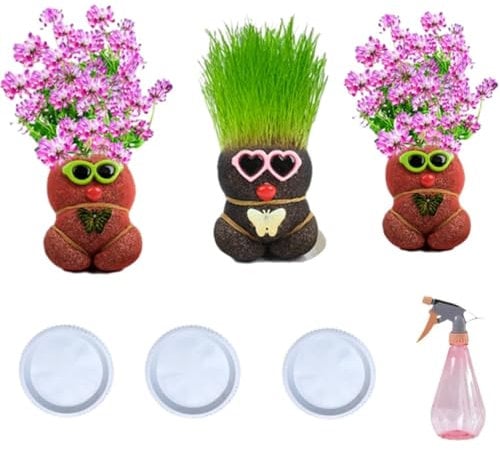 (3 pièces) Mini bonsaï anti-moustique, poupée longue herbe, mini bonsaï, plante poupée tête d'herbe, poupée tête d'herbe avec plateau, plante en pot pour enfants, plante verte (floraison)