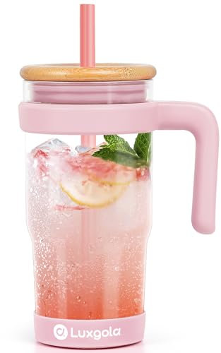 Luxgola 24 oz Glass Tumbler with Handle, Iced Coffee Cup with Bamboo Lid and Straws, Reusable Clear Glass Water Cup With Silicone Bumper - Fits in Car Cup Holder, Dishwasher Safe, BPA Free - Pink