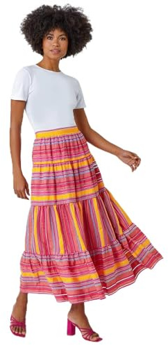 Roman Originals Tiered Striped Maxi Skirt for Women UK - Ladies Everyday Holiday Spring Summer Comfy Soft Evening Vacation Work Party Beach - Fuchsia & Orange - Size 12