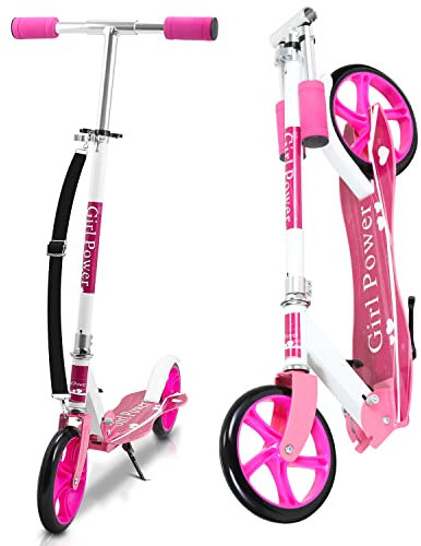 Fiqops Trottinette pour enfants à partir de 5 ans - 2 roues - 3 hauteurs réglables en hauteur - 205 mm - Big Wheel - Avec sangle de transport - Jusqu'à 100 kg - Pour garçons et filles - Rose