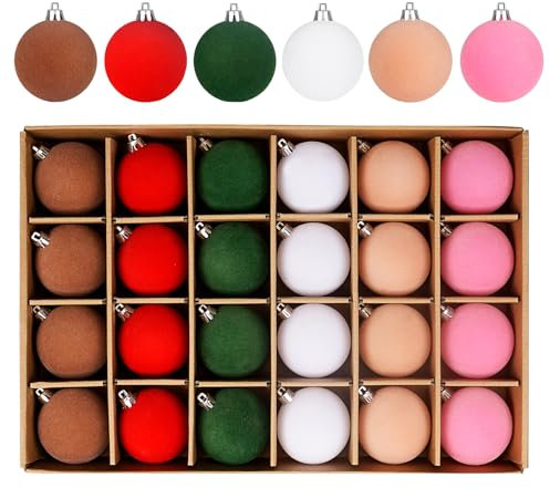 Homewit Lot de 24 boules de Noël, en plastique, de 6 cm, vertes, rouges, marron, blanches, roses, velours, pour décoration de sapin de Noël