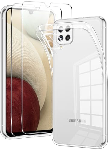 Votvloay Transparent Coque pour Samsung Galaxy A12 / M12 6,5 avec 2 Verres Trempés, Étui de Protection Antichoc Anti Rayures Housse, Mince Souple TPU Silicone Case Cover pour Samsung A12 4G, Clear