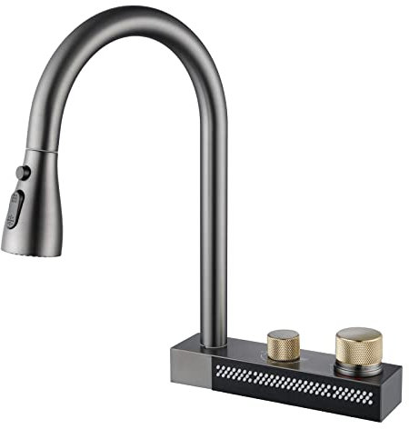 AIHEDOUJ Thermostatischer Küchenarmatur, Küchenspüle-Wasserhahn aus Messing mit 4-Modus-Sprüher, Küchenmischbatterien in Pistolengrau mit herunterziehbarer Brause, 360-Grad-Drehung