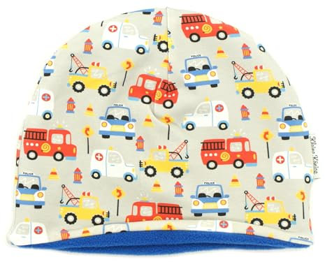 Kleine Könige Mütze Jungen Herbst Winter Kindermütze · Modell Auto Polizei Happy Cars grau · Fleece Royalblau · Größe 98/104 (KU 47-50)