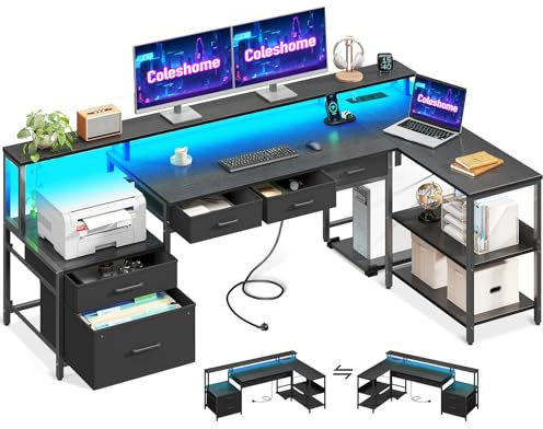Coleshome Schreibtisch L Form mit Schubladen, 175x100cm Gaming Tisch mit Steckdose, LED & Monitorständer, Reversibler Eckschreibtisch mit Stauraum, Computertisch mit Regal für Büro, Schwarz