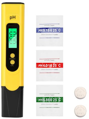 Aideepen PH Messgerät Digital, 0-14 pH-Messbereich, 0.01 Hohe Genauigkeit, pH-Wasser-Tester mit LCD-Display Hintergrundbeleuchtung für Wasser, Aquarium, Teich, Pool, Mit Kalibrierpulver(Gelb)