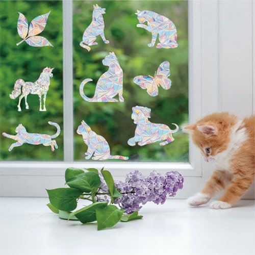 SanKristo Pellicola 3D Prismi Arcobaleno per Finestre, Autoadesiva Decorativo per Finestre con Motivo di Animali e Foglie, Rimovibile Anti UV Adesivo Vetro Finestra per la Casa, 5 Stili