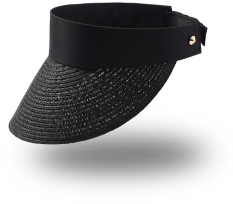 Eigso Womens Black Straw Woven Visor Hat Sommer Travel Beach Cap für Frau Mann