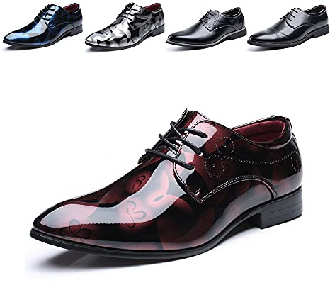 Hitmars Derby Shoes for Men Business Oxford Shoes Brogue Patent Leather Mens Dress Shoes Lace-Ups Formal Slip-On 1 Red UK 6