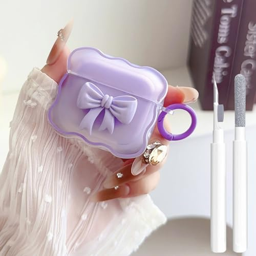 Cute AirPods 4 Clear Case, Girly 3D Bow Design Soft TPU Protective Shockproof Kawaii Apple iPod 4th Generation Cover with Cleaner Kit & Keychain Girls Women Purple