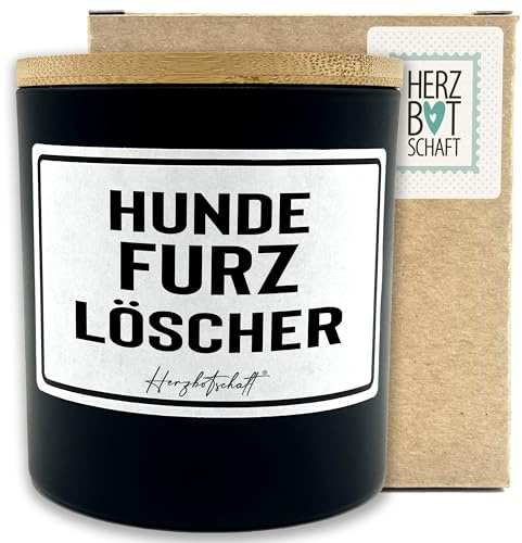 HERZBOTSCHAFT Duftkerze mit Spruch – Hundefurzlöscher – originelles Geschenk, handgemachte Sojakerze im Glas, nachhaltig, optional mit personalisiertem Bambusdeckel
