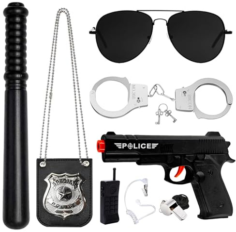 Polizei Kostüm Kinder, Polizei Spielzeug Ausrüstung Set mit Handschellen Polizist Abzeichen Sonnenbrille Schlagstock Pfeife Falsch Walkie Talkies Pistole für Cosplay Halloween Karneval Fasching Party