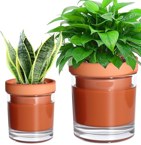 vensovo 10 cm and 15 cm Self Watering Pots for Indoor Plants - Terracotta Self Watering Planters for Indoor Plants, Terra Cotta Plant Pots with Glass Reservoir, Set of 2