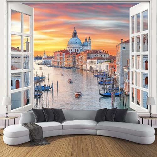 3d Tapete - 150×105 cm - Fototapete Schlafzimmer - Kanaldesign Von Venedig - Deko Wohnzimmer - Stadtbild Wallpaper - Wand Deko - Wandtapete - Wanddeko - Orange-Rot