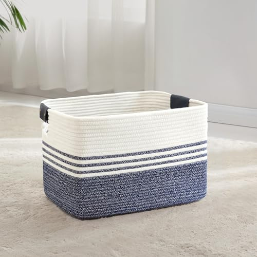 MYHOMMATTO 45L kleiner Wäschekorb geflochten mit Lederhenkeln, Weiß-Blau | Faltbarer Aufbewahrungskorb aus Baumwollseil für Decken, Spielzeug & Kleidung, Maße 45×35×27 cm für Wohnzimmer, Kinderzimmer