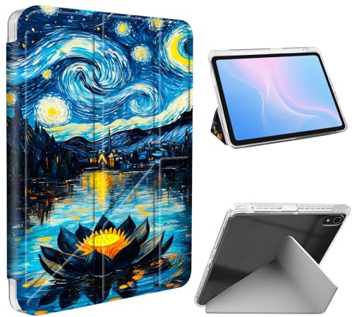 ETLKJVBL for iPad 10th Generation Case, Slim Clear Cover with Pencil Holder, Multi-Angle Y-Stand, Auto Sleep/Wake, Starry Night with Water Lily Lightweight Tablet Case