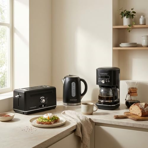 riviera&bar Set Petit Déjeuner 3en1 – Bouilloire Électrique 1.5 L, Grille-Pain et Cafetière Filtre Programmable – Design élégant, Noir