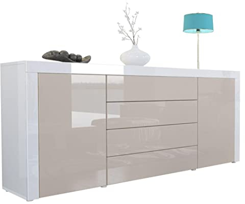 Vladon Sideboard Kommode La Paz, Made in Germany, Korpus in Weiß Hochglanz/Front in Sandgrau Hochglanz mit Rahmen in Weiß Hochglanz