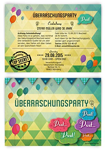 Einladungskarten zum Geburtstag (100 Stück) Überraschungsparty Einladung Party Überraschung