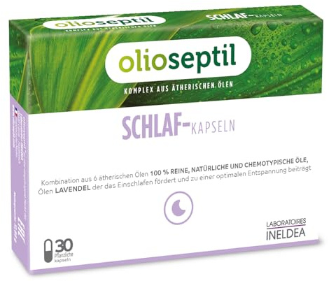 OLIOSEPTIL – Schlaf-Kapseln – Hilft beim Einschlafen – Trägt zu einem erholsamen Schlaf bei – Trägt zur Entspannung und Erholung bei – Mit ätherischen Ölen – Glutenfrei – 30 pflanzliche Kapseln