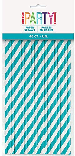 Unique Bleu sarcelle Lot de 40 pailles en papier rayé Caraïbes, 63708, Pack of 40