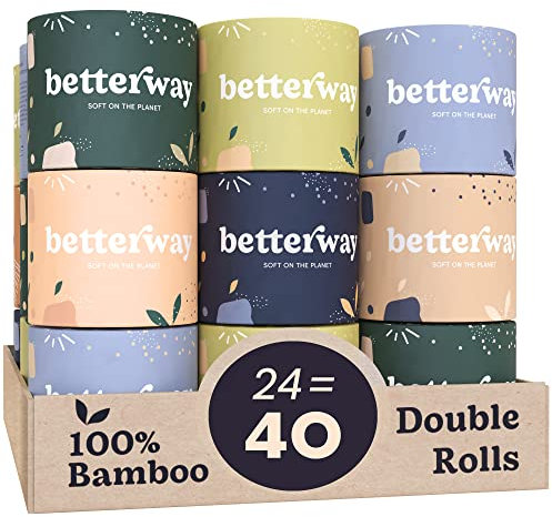 Betterway Bamboo Toilet Paper 3 Ply - Sustainable Toilet Tissue - 24 Double Rolls & 360 Sheets Per Roll - Septic Safe - Organic, Plastic Free - FSC Certified