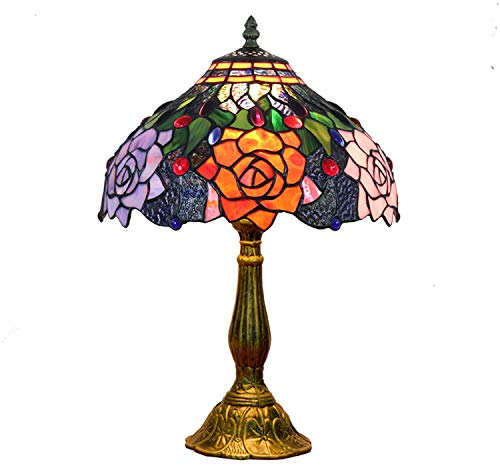 Hobaca 12 Zoll Buntglas Rose Tiffany Tischlampe Art Dekorative Weinlese Nachttischlampe Elegant Schlafzimmer Lampe für Wohnzimmer Studie Schlafzimmer