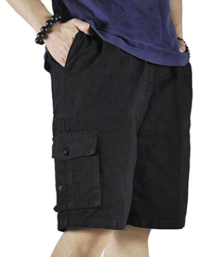 Putaowor Mens Cotton Loose Fit Full Elastic Waist Twill Cargo Short with Drawstring Black 46