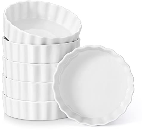 LOVECASA Porcelain Ramekins 8 Oz Oven Safe Set of 6 - Shallow Creme Brulee Dishes for Baking, Soufflés, Custards, Fluted Quiche Pans, Chip-Resistant & Stackable, White