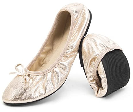 Greatonu Women's Ballet Pumps Comfort Foldable Portable Travel Slip on Slipper Bow Tie Flats Shoes Gold UK 5.5