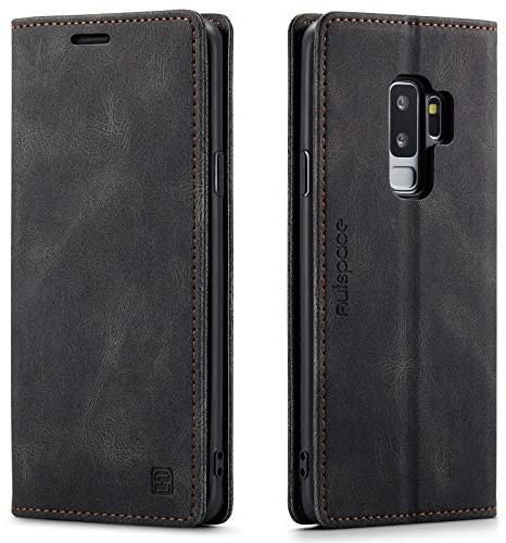 LOLFZ Handyhülle für Samsung Galaxy S9 Plus, Vintage Dünne Schutzhülle RFID Schutz Kartenfach Standfunktion PU Leder Magnetische Klapphülle Kompatibel mit Galaxy S9 Plus - Schwarz