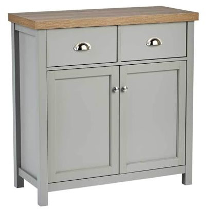 Home Source 2 Door 2 Drawer Sideboard Storage Cupboard with Shelf and Metal Handles, Oak Effect, Grey