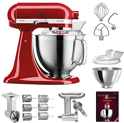 KitchenAid Küchenmaschine - P21 Profi Set Deluxe 185er (AM) - 5KSM185PSEER inkl. Gemüseschneider (MVSA), Zusatztrommeln (EMVSC), Fleischwolf Ganzmetall (5KSMMGA) und Kochbuch (Kochen & Backen)
