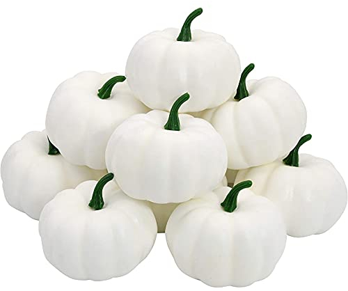 HBell 12 Small Artificial Lifelike Pumpkin Harvest Mini Pumpkins for Home Garden Autumn Harvest Decoration Thanksgiving Halloween Decoration (White)