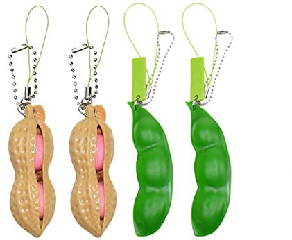 FOUTP 4PCS Squishy Porte-Clef, Écraser Un Porte-clés Presser Un Haricot Squishy SOYA pour Enfants Adluts Jouets de Pois Fidget Toys pour Pendentifs Anxiété Anti Stress Porte-clé De Haricot Cacahuète