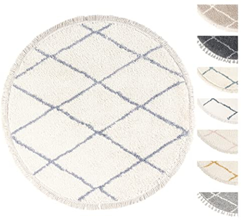 TESSO LIVING Rund Wohnzimmer Hochflor Teppich Ø120 cm Weiss Silber Diamantmuster, Super Soft Moderner Shaggy Teppich