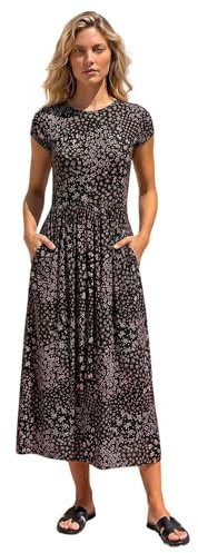 Roman Midi Dress with Pockets for Women UK Ladies Stretchy Jersey Maxi Long Short Sleeve Elasticated Gathered High Waist Boho Flattering Skater Swing Fit Flare - Black Pink - Size 14
