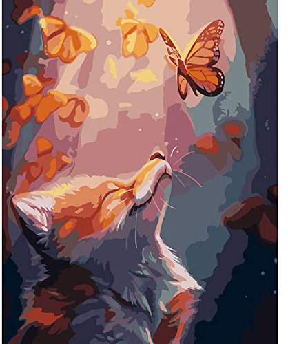 jieyisier Fuchs Malen Nach Zahlen, Malen Nach Zahlen Erwachsene, Schmetterling Malen Nach Zahlen Kits für anfänger, Zuhause Wanddekoration 16x20 Inch(Fuchs und Schmetterling)