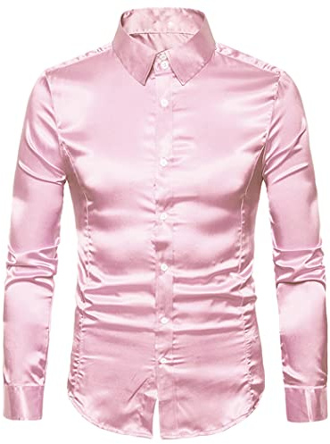 Générique JIER Hommes De Luxe Brillant Soie comme Satin à Manches Longues Chemises Habillées pour Fête Disco Bal Surface Brillante Costume De Bal