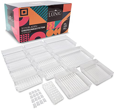 LÜNIC Schubladen Ordnungssystem Kunststoff 12 Teile [3 verschiedene Größen] - Sortierbox Schubladen Organizer Aufbewahrungsbox