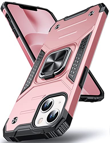 DASFOND Designed for iPhone 14 Case, Military Grade Shockproof Protective Phone Case Cover with Enhanced Metal Ring Kickstand [Support Magnet Mount] for iPhone 14 6.1 inch, Rose Gold