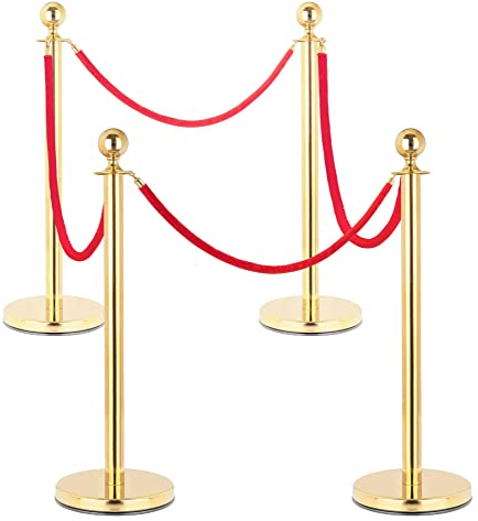 Stagecaptain PLS-150 Deluxe 4.4-200G Absperrständer Personenleitsystem - 4 Edelstahl-Stative und 4 rote Seile mit 2,0m Länge - Für Konzerte, Ausstellungen, Hotels, Kinos u.v.m. - gold