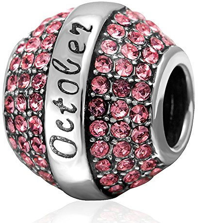 Charms pierre de naissance octobre pour bracelet pandora saint valentin, perles de boule de birthday en pierre de cristal rose pavé en argent sterling avec bannière, cadeaux pour petite amie/mariage