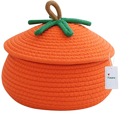 Fieans Klein Aufbewahrungskorb Baumwollseil Geflochten Aufbewahrungsbox mit Deckel Deko Korb für die Speicherung Kleiner Haushaltsartikel, Organisieren von Desktop und Regale, 9 x 6 Zoll, Orange