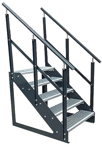 Caillebotis acier Escalier à limon 5 Marches Autoportant Entièrement galvanisé et Anthracite Côtés revêtus de poudre avec garde-corps des deux côtés - Dimensions (L x l x H) 101cm x 80cm x 95cm